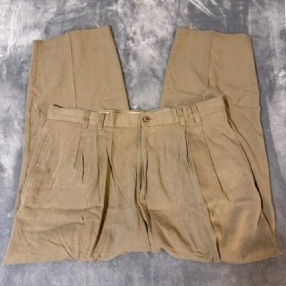 Joseph & Feiss Silk Herringbone Pleated Wide Leg Pants Mens Size 36 Tan EUC